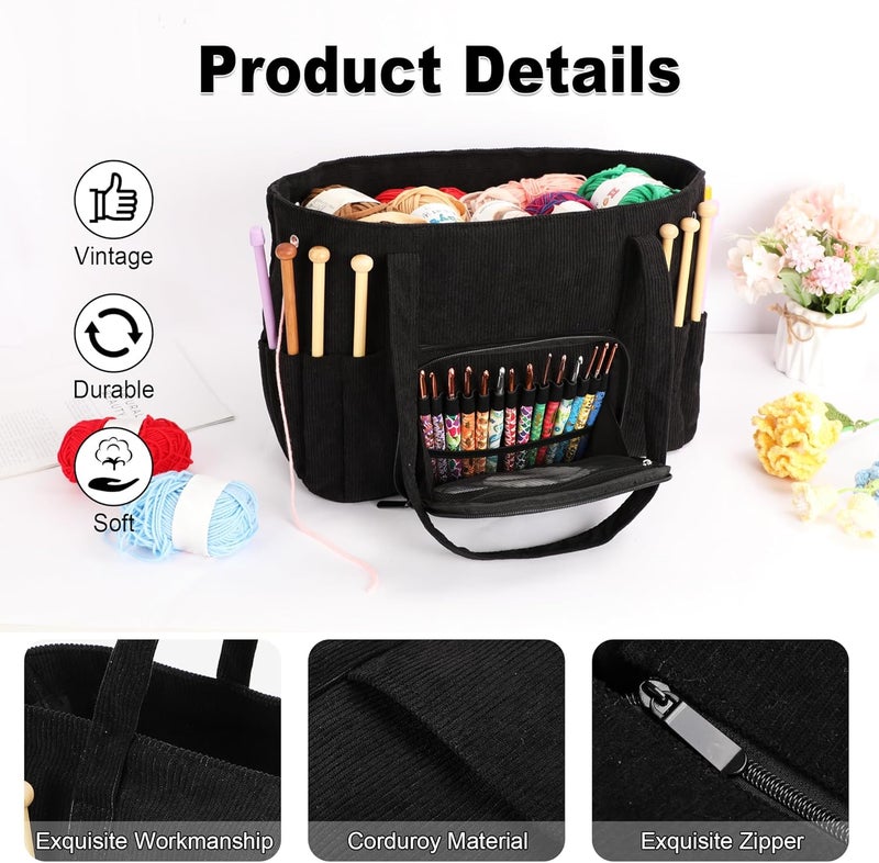 LOOEN Crochet Bag Organizer, Large Capacity Yarn Storage Bag, Portable Corduroy Knitting Bag And Totes for Travel, Used to Organize Yarn, Crochet Hooks, Ideal Gift for Crochet Lovers(Black) - Image 5